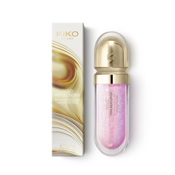 Зволожуючий блиск для губ з 3D-ефектом з олією маракуї KIKO MILANO Gold Reflections 3d Hydra Lip Gloss Limited Edition 01 Glowing Lilac